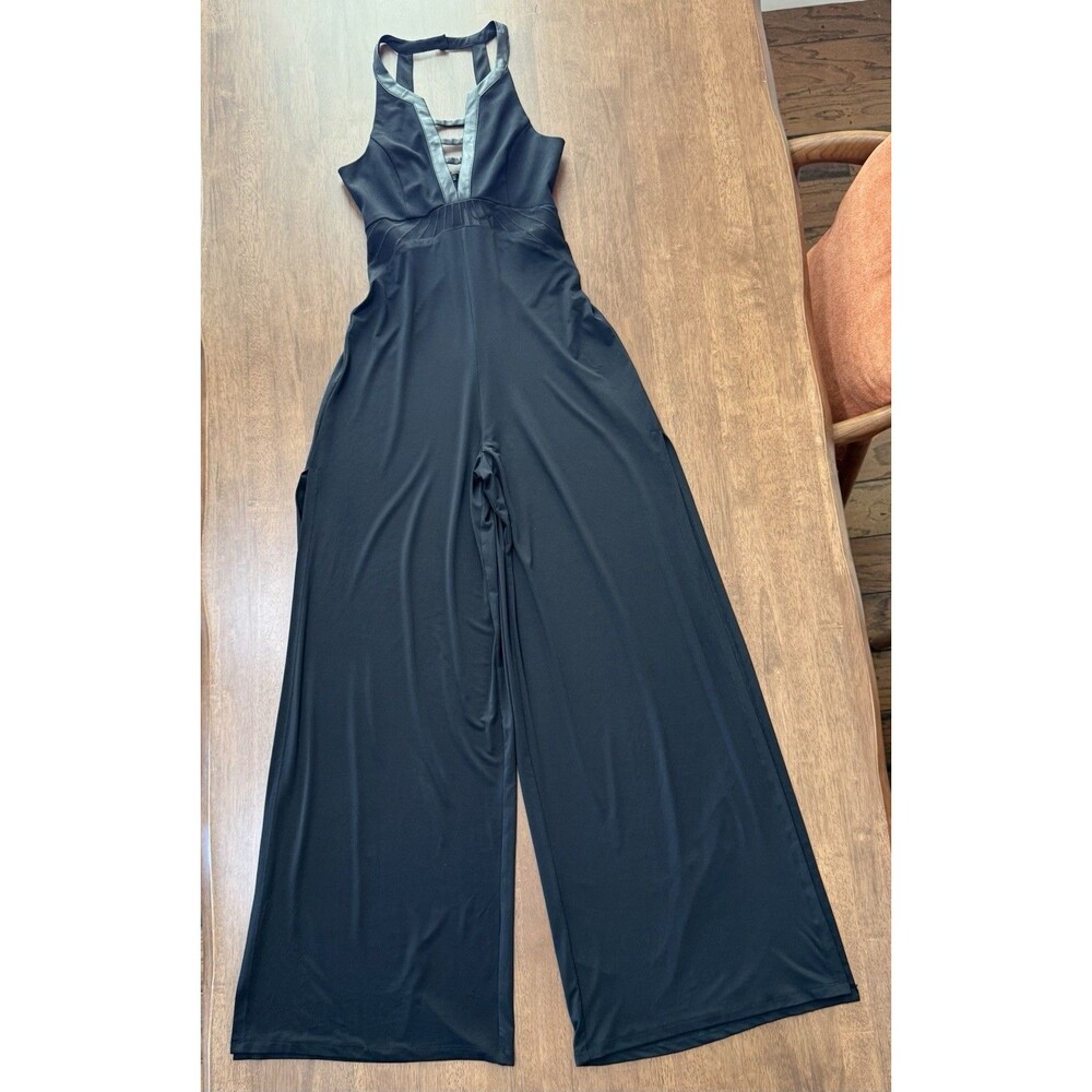 Ark & Co Black Halter Cutout Wide Leg Jumpsuit Faux Leather Trim NWT Small Sexy - Picture 4 of 14